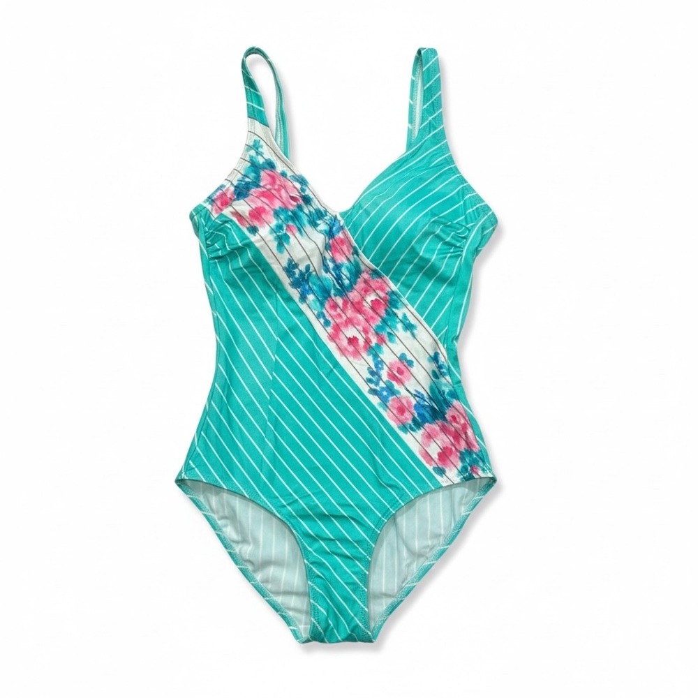 Gottex Vintage Teal Pinstripe Watercolor Floral One Piece Swimsuit Sz 10 Israel